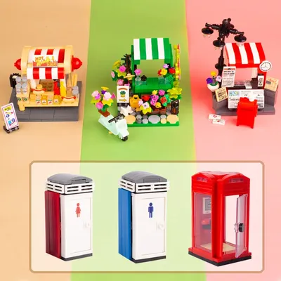 City MOC Flower Shop Newspaper Stop Hot Dog Stand Building Blocks Food Plant Phone Call Toilet