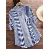 Women's Spring Fall Cotton Linen Long Sleeves Roll Up Striped Casual V Neck Button Down Shirts Blouses Collar Tunic Tops
