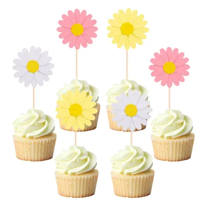 24pcs White Pink Yellow Multi Layered 3D Daisy Flower Cake Topper Wedding Happy Birthday Party Decor