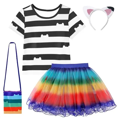 Gabby Dollhouse Cartoon Children Black And White Stripe T-Shirt+Skirt+Bag Sets Kids Carnival Gabby