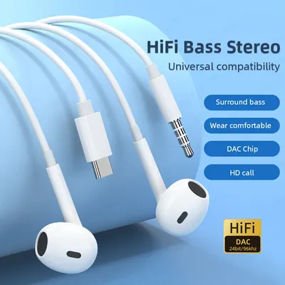 Half-In-Ear Wired Headphones HiFi Music Earbud Handfree Earphone Type-C 3.5mm With Mic For Android