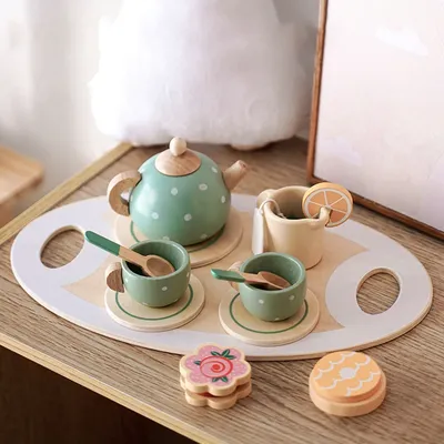 Tea Party Tableware Wooden Handiccraft Toy Kitchen Pretend Play Set for Toddlers Kids Birthday Gift