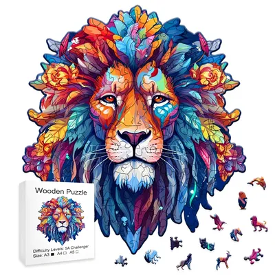 Wooden Puzzle Model Assembly Three Dimensional Irregular Shaped Animal Lion Pattern Wooden Puzzle