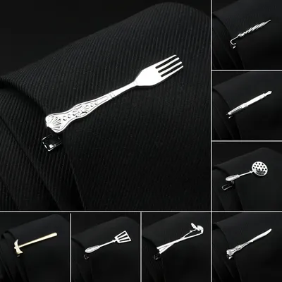Men's Chrome Stainless Tie Clip Fork Spoon Shovel Knife Hammer Arrow Dolphin Shape Metal Tie Clip