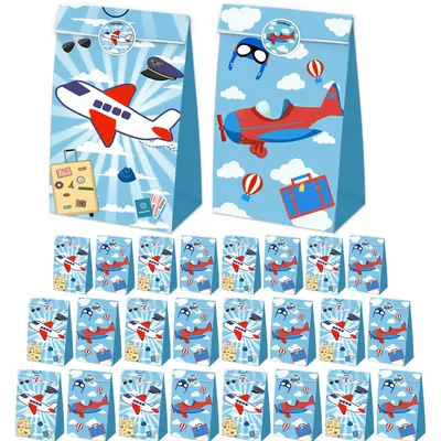 12pc Cartoon Airplane Goodie Bags Kraft Paper Candy Bag with Stickers Aviator Adventure Theme