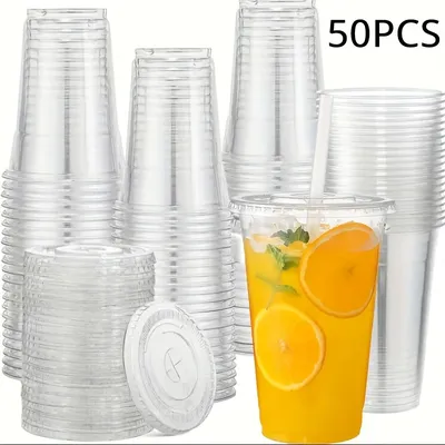 50Sets 12/16/20OZ Plastic Cups With Lids Clear Disposable Cups For Parties Iced Coffee Smoothie