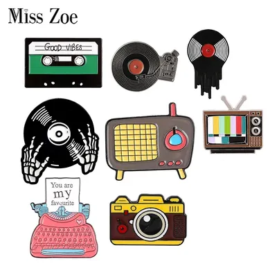 Good Vibes Only Enamel Pins Custom Retro 90's Rock n Roll TV Typewriter Camera