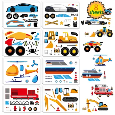 8/16Sheets Children DIY Puzzle Stickers Make Truck Engineering Vehicle Car Funny Assemble Jigsaw