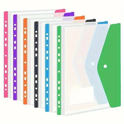 6 pcs Plastic envelope with adhesive snaps & 11 holes file folder expansion bag for 2/3/4 ring file