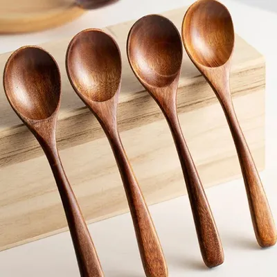 1/10Pcs Wood Soup Spoons Long Handle Coffee Milk Teaspoon Sugar Spice Condiment Scoops Kitchen