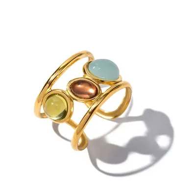 Uworld Spanish Style Colorful Coloured Glaze Wide 3 Layer Stainless Steel Morandi Color Stone Opening Ring кольца женские