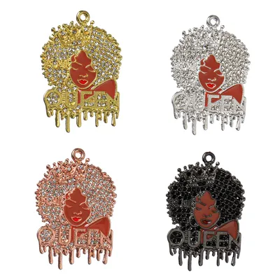 10pcs Micro Pave Afro Girl Pendants Black Dripping Queen Charms for Bracelet Necklace Making