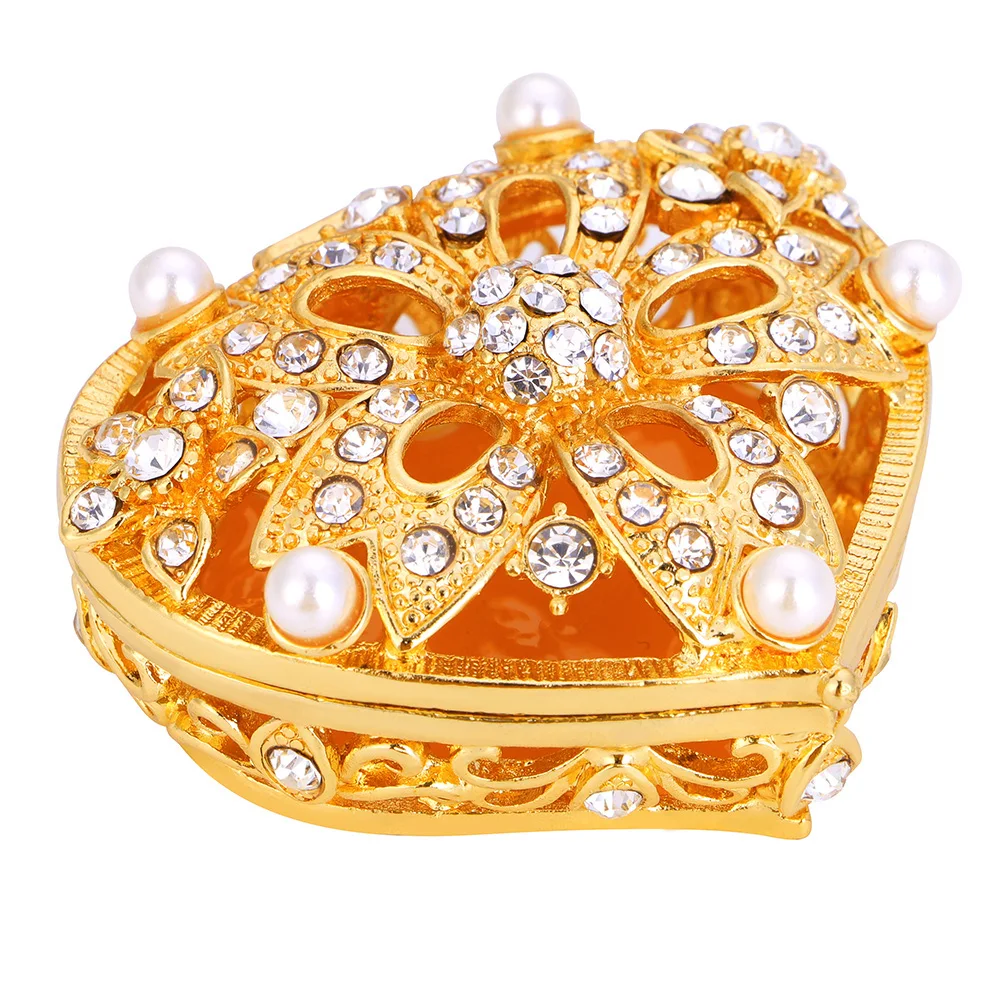 Gold Heart Shaped Jewelry Box for Wedding Coins Decoration Jewelery Box with Rhinestone Wedding Gift for Bride Collection