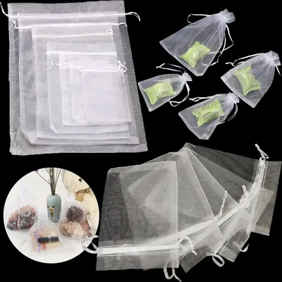 25/50PCS Drawable Party Supply Wedding Christmas Favor White Pouches Organza Gauze Sachet Gift Bags