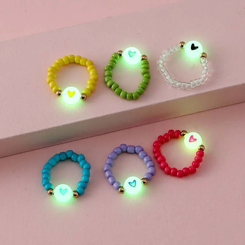 6Pcs/set Luminous Beaded Ring Glow In The Dark Rings for Girls Daughter Best Friend Toy Gift