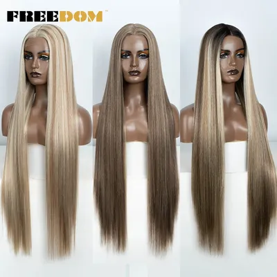 FREEDOM Straight Synthetic Lace Front Wig For Women 38 Inch Long Ombre Brown Red Blonde Hightlight
