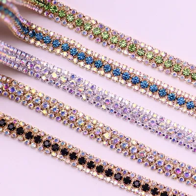 3 Rows Crystal Rhinestone Cup Chain Gold Base With Claw Dress Decoration Rhinestone Trim Applique