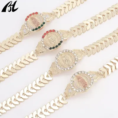 Esclava de Oro Laminado Virgen de Guadalupe Con Rosas Pulsera de Tres Oro Banada en oro Brasileno