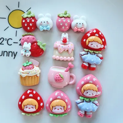 10Pcs Glossy Strawberry Girl Rabbit Resin Fittings DIY Scrapbook Album Photo Art Embellish Clothing Shoes Decorative Accessories