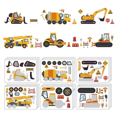 6/12Sheets Kids DIY Construction Vehicle Puzzle Sticker Make Your Own Truck Stickers Assemble Jigsaw Party Favors For Boys Girls