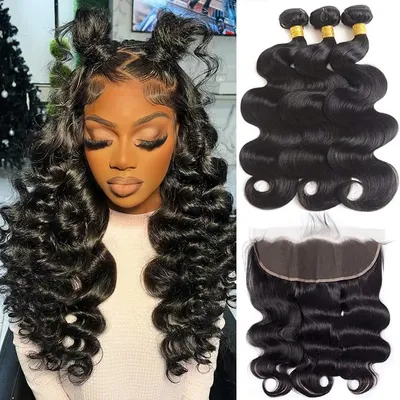 Brazilian Body Wave Bundles with 13x4 Lace Closure Real Human Hair Closure with 3 Bundles Weave