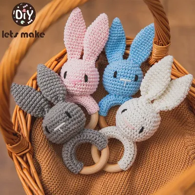 1Pc Baby Crochet Rabbit Wooden Ring Rattle Toys Soother Bracelet Music Rattles Teether Mobile Crib