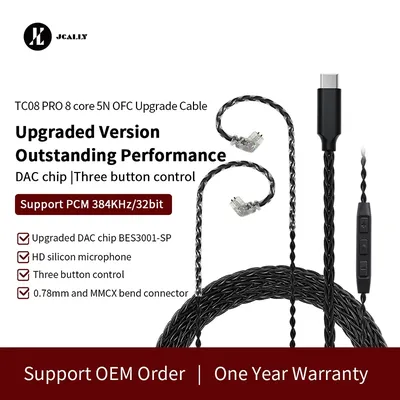 JCALLY Black TC08 PRO TC08 Silver Plated TYPE-C Earphone Upgrade Cable With MIC MMCX 2Pin 0.75/0.78 QDC for KZ KBEAR TRN 7HZ TFZ