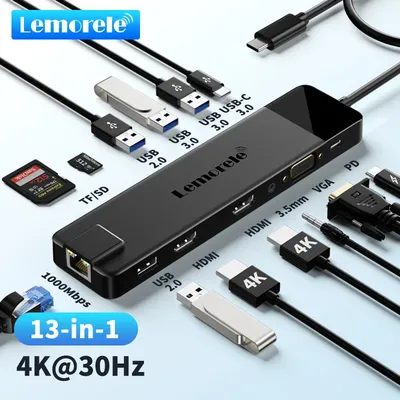 Lemorele 4K USB Hub USB C to Dual HDMI VGA Gigabit Docking Station USB 3.0 VGA Adapter SD Card