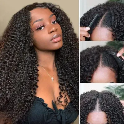 250 Density Kinky Curly V Part Wig Human Hair No Leave Out Brazilian Hair Wigs for Women Deep Wave