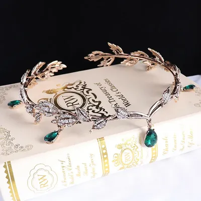 KMVEXO Vintage Black Emerald Green Fairy Crown Tiara Crystal Leaf Elf Tiara Bandana Hair Accessories