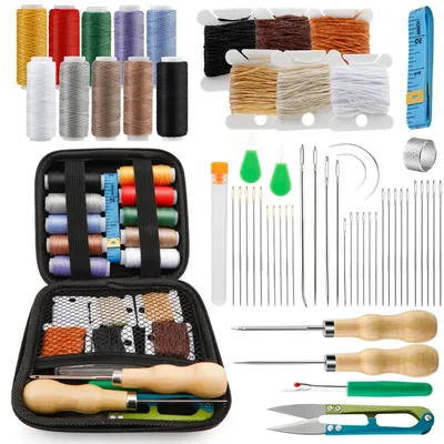 KRABALL 59 Pcs Leather Sewing Kit Repair Stitching Tool Set with Sewing Thread Curved Needles Awl