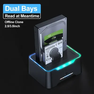 USB 3.0 To SATA Dual Bay RGB Lamp Effect Hard Disk 2.5/3.5 Inch Hard Drive Enclosure Docking Station