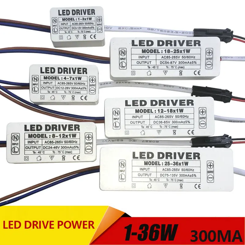 1-3W,4-7W,8-12W,12-18W,18-25W,25-36W LED driver power supply built-in constant current Lighting AC110-265V Output 300mA DC