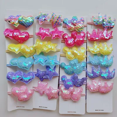 12PCS Cute Colorful Sequin Heart Star Crown Girls Kids Elastic Hair Bands Hair Accessories Children