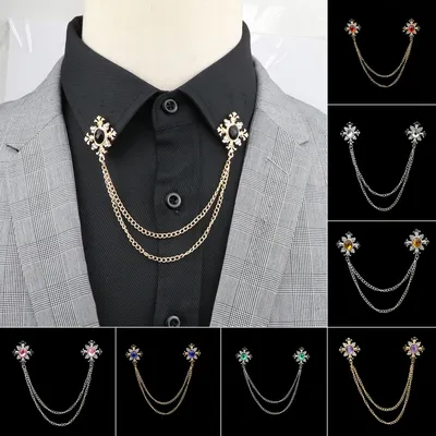 Men's Suit Shirt Collar Crystal Cross Chain Lapel Pin Fashion Gentleman Tassel Rhinestone Retro