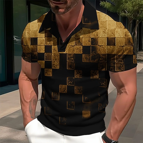 Herren Karomuster Grafikdrucke Geometrie Poloshirts Golfshirt Kurze Ärmel Hemd Kubanisches Halsband Outdoor Straße Gelb Rote Blau Himmelblau Purpur Druck Bekleidung Mode Designer Lässig Atmungsaktiv Image