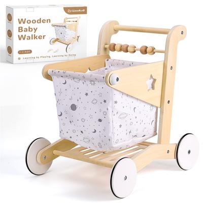 Wooden Baby Walker Doll Stroller Adjustable Speed Shopping Cart for Toddlers 1-3 Baby Push Walker Pretend Play Grocery Cart