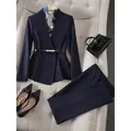 Marine Aprikose elegante Frauen Hose Anzug Büro Damen V-Ausschnitt Rüschen Jacke Blazer und Hose