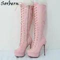 Sorbern-Bottes hautes brillantes roses pour femmes bottes à lacets rondes bottes à plateforme