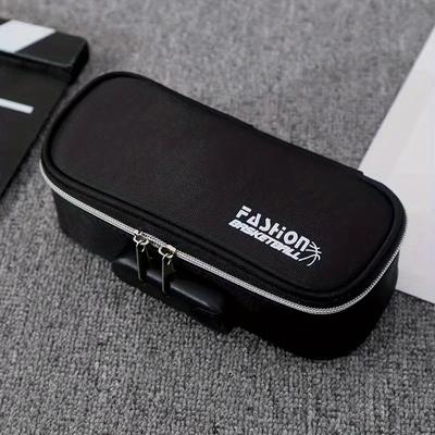 TEMU Portable Combination Lock Pencil Case Black Canvas Stationery Box School Students Three-layer Large Capacity Storage Box Multifunctional Mini Combination Box Pencil Box School Supplies Gift Image