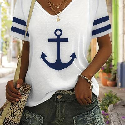 TEMU Print V Neck T-shirt, Casual Short Sleeve T-shirt For , Women's Clothing Image