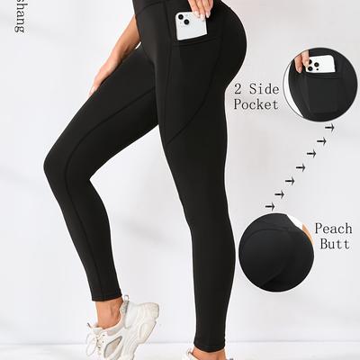 TEMU Solid Color Yoga Pants With Pocket, High Stretch Butt Lifting Sports Running Leggings, Women's Activewear Image