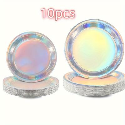 Set, Paper Plates, Round Dinner Dessert Paper Plates, Holographic Rainbow Foil Silvey Color Decoration Party Supplies, Cake Salad Pizza, Event Birthday Wedding Anniversary Christmas Picnic Plates
