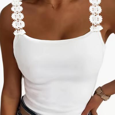 TEMU Solid Color Lace Strap Top, Casual Sleeveless Cami Top For Summer, Women's Clothing Image