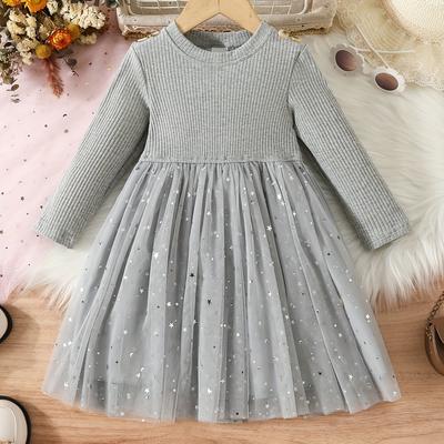 TEMU Toddler Girls Mesh Dress With Sequin Crew Neck Long Sleeve For Autumn And Winter, Kids Clothing Gifts