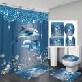 1/3/4pcs Blue Diamond Dolphin Printed Shower Curtain Set, Waterproof Shower Curtain With Hooks, U-shaped Mat, Toilet Cover Mat, L-shaped Mat, Bathroom Accessories, Bathroom Decor