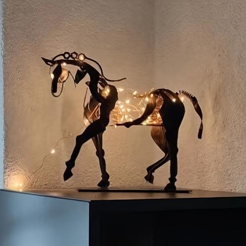 1pc Wrought Iron Hollow Horse Sculpture, 3d Luminous Immediately Metal Sculpture, Horse-riding Sculpture Home Decoration (7.9in)