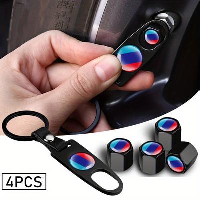 4pcs/set Universal Aluminum Alloy Metal Valve Mouth Cap With Small Wrench Keychain Car Valve Core Cover Cap Upgrade Three-color Grid Tire Valve Cap