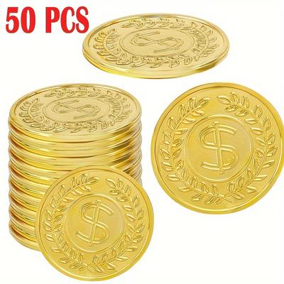 TEMU 50pcs. Golden Coins Plastic Play Golden Treasure Coins For Play Favor Party Supplies, Party, Treasure Hunt Game And Party Favors