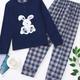 Bunny Print Pajama Set, Long Sleeve Round Neck Top & Plaid Pants, Women's Sleepwear & Loungewear